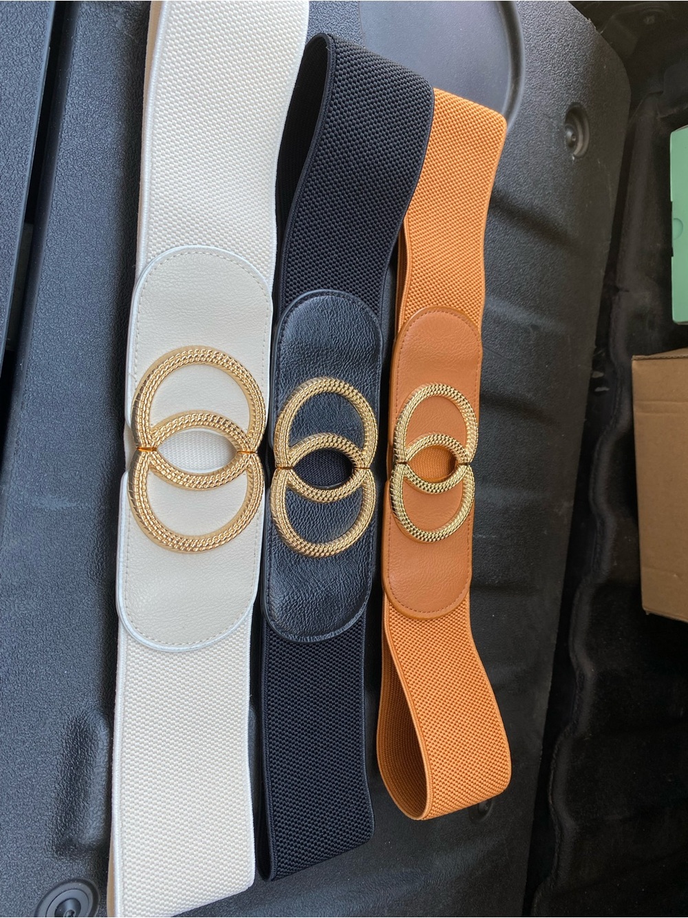 Elastic Waist Belt with Gold Double-Ring Accent - White, Black, Tan